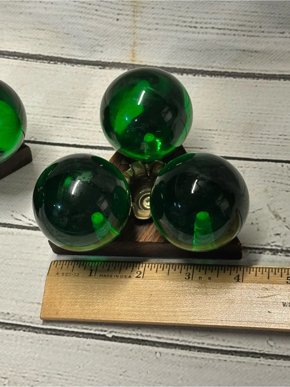Vintage Green Lucite Atomic MCM Ball Candles & Holder Pair  Triangle Wood  Base